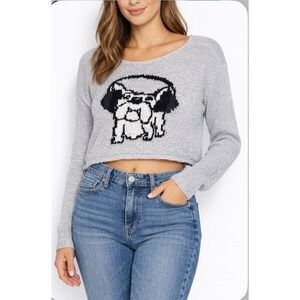 Abercrombie & Fitch Cropped Dog Sweater XS S Gray Knit Long Sleeve (Rip In Back)